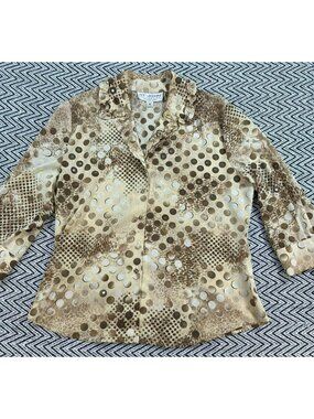 St. John Collection Polka Dot Blouse Size 6 Beige & Brown 3/4 Sleeve Button Fron